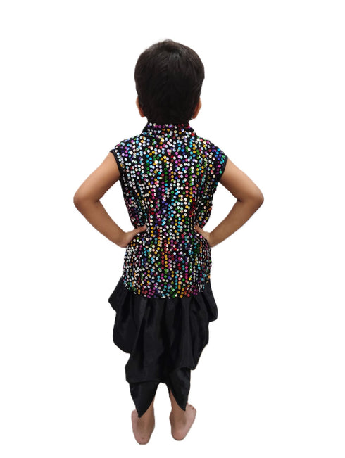 BookMyCostume Black Indo-Western Dress | Multicolor Sequin Sleeveless V-Neck Jacket with Dhoti Style Pant | Western Dress Costume for Boys | Dance Dress for Kids