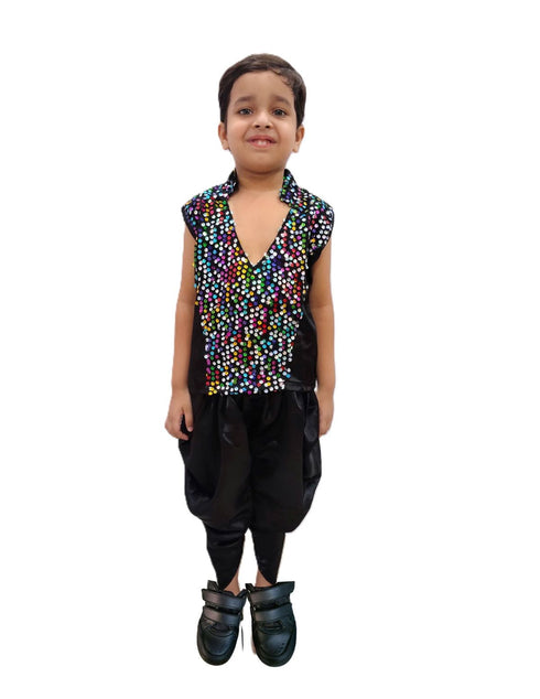 BookMyCostume Black Indo-Western Dress | Multicolor Sequin Sleeveless V-Neck Jacket with Dhoti Style Pant | Western Dress Costume for Boys | Dance Dress for Kids