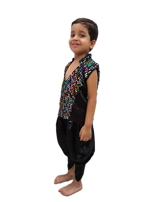 BookMyCostume Black Indo-Western Dress | Multicolor Sequin Sleeveless V-Neck Jacket with Dhoti Style Pant | Western Dress Costume for Boys | Dance Dress for Kids