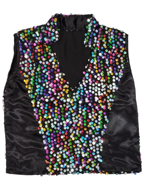 Black Indo-Western Dress | Multicolor Sequin Sleeveless V-Neck Jacket with Dhoti Style Pant | Western Dress Costume for Boys | Dance Dress for Kids
