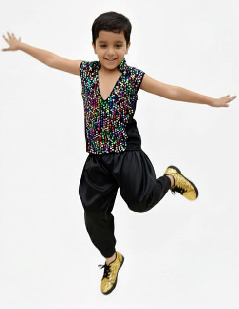 Black Indo-Western Dress | Multicolor Sequin Sleeveless V-Neck Jacket with Dhoti Style Pant | Western Dress Costume for Boys | Dance Dress for Kids