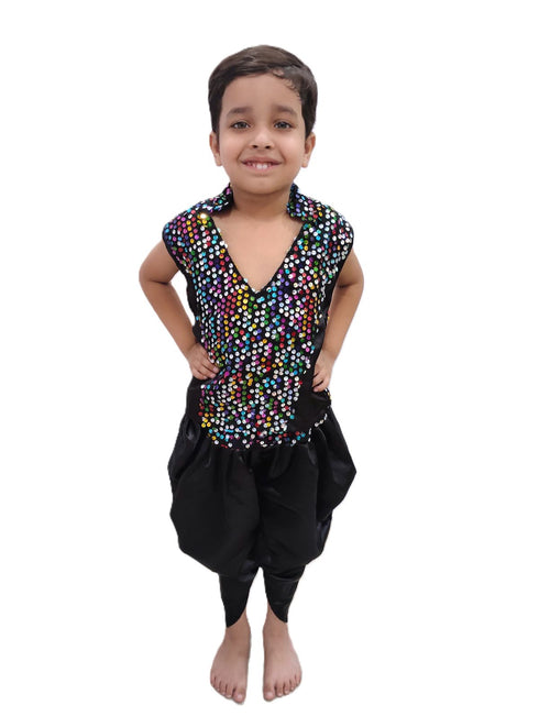 BookMyCostume Black Indo-Western Dress | Multicolor Sequin Sleeveless V-Neck Jacket with Dhoti Style Pant | Western Dress Costume for Boys | Dance Dress for Kids