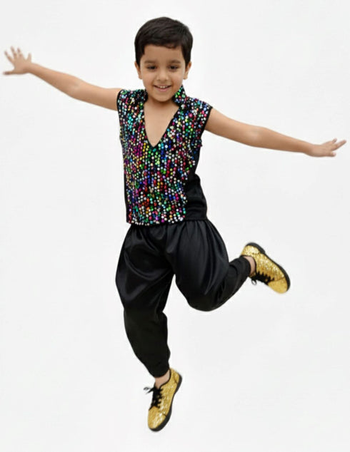 BookMyCostume Black Indo-Western Dress | Multicolor Sequin Sleeveless V-Neck Jacket with Dhoti Style Pant | Western Dress Costume for Boys | Dance Dress for Kids