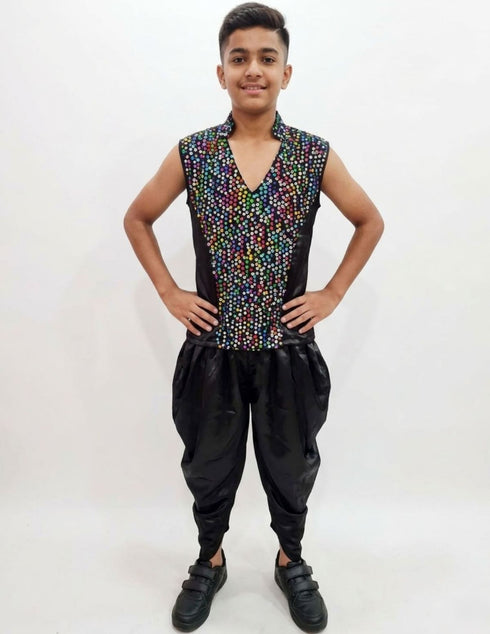 Black Indo-Western Dress | Multicolor Sequin Sleeveless V-Neck Jacket with Dhoti Style Pant | Western Dress Costume for Boys | Dance Dress for Kids