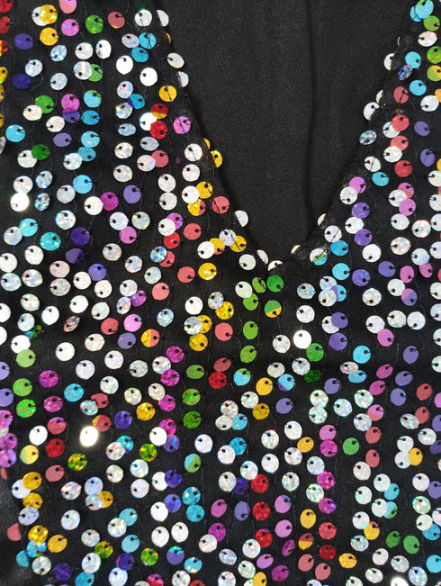 BookMyCostume Black Indo-Western Dress | Multicolor Sequin Sleeveless V-Neck Jacket with Dhoti Style Pant | Western Dress Costume for Boys | Dance Dress for Kids