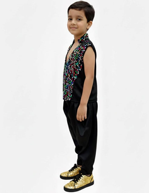 Black Indo-Western Dress | Multicolor Sequin Sleeveless V-Neck Jacket with Dhoti Style Pant | Western Dress Costume for Boys | Dance Dress for Kids