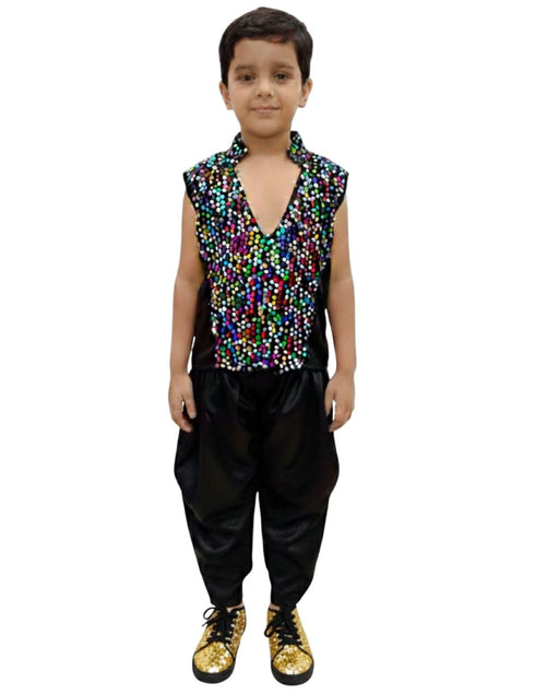 Black Indo-Western Dress | Multicolor Sequin Sleeveless V-Neck Jacket with Dhoti Style Pant | Western Dress Costume for Boys | Dance Dress for Kids