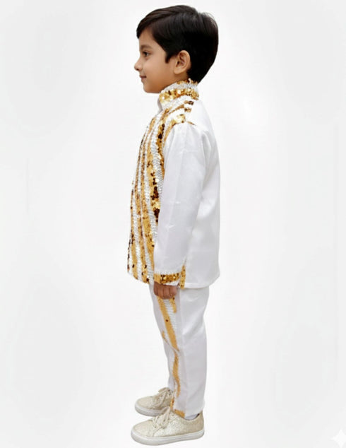 BookMyCostume White & Golden Sequin Western Dance Costume for Boys | Stylish Shiny Full Sleeve Shirt and Pant Set with Zipper Closure | Dance Costume for Boys | Fancy Dress for Boys