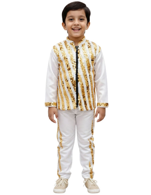 BookMyCostume White & Golden Sequin Western Dance Costume for Boys | Stylish Shiny Full Sleeve Shirt and Pant Set with Zipper Closure | Dance Costume for Boys | Fancy Dress for Boys