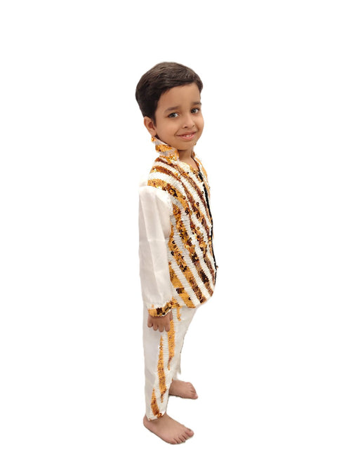BookMyCostume White & Golden Sequin Western Dance Costume for Boys | Stylish Shiny Full Sleeve Shirt and Pant Set with Zipper Closure | Dance Costume for Boys | Fancy Dress for Boys