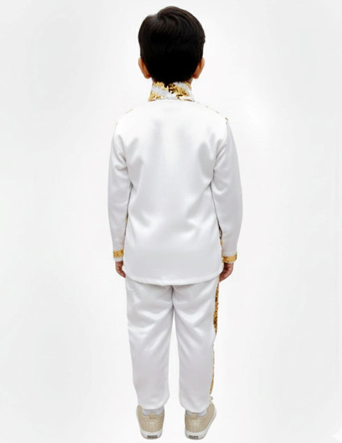 BookMyCostume White & Golden Sequin Western Dance Costume for Boys | Stylish Shiny Full Sleeve Shirt and Pant Set with Zipper Closure | Dance Costume for Boys | Fancy Dress for Boys