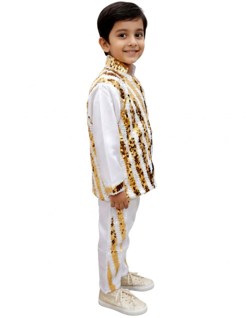BookMyCostume White & Golden Sequin Western Dance Costume for Boys | Stylish Shiny Full Sleeve Shirt and Pant Set with Zipper Closure | Dance Costume for Boys | Fancy Dress for Boys