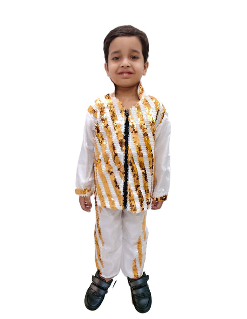 BookMyCostume White & Golden Sequin Western Dance Costume for Boys | Stylish Shiny Full Sleeve Shirt and Pant Set with Zipper Closure | Dance Costume for Boys | Fancy Dress for Boys