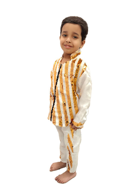 White & Golden Sequin Western Dance Costume for Boys | Stylish Shiny Full Sleeve Shirt and Pant Set with Zipper Closure | Dance Costume for Boys | Fancy Dress for Boys