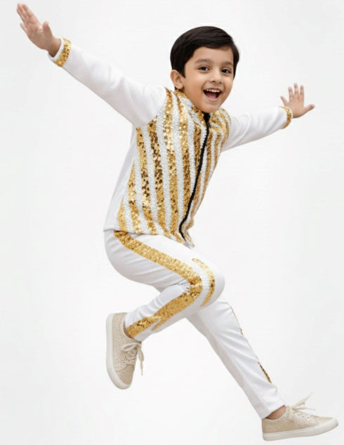 BookMyCostume White & Golden Sequin Western Dance Costume for Boys | Stylish Shiny Full Sleeve Shirt and Pant Set with Zipper Closure | Dance Costume for Boys | Fancy Dress for Boys