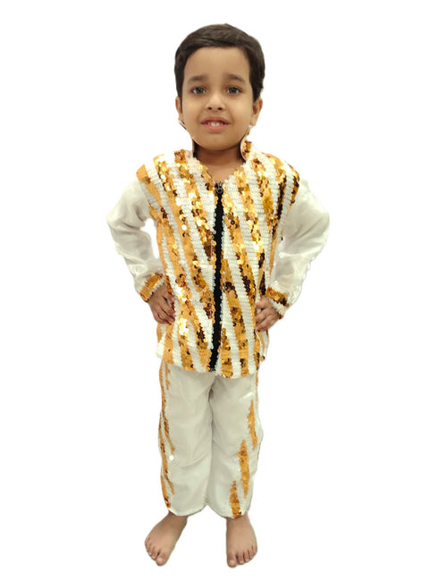 BookMyCostume White & Golden Sequin Western Dance Costume for Boys | Stylish Shiny Full Sleeve Shirt and Pant Set with Zipper Closure | Dance Costume for Boys | Fancy Dress for Boys