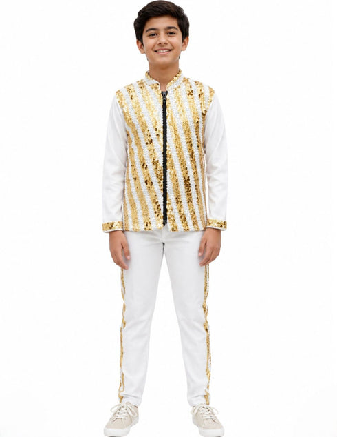 White & Golden Sequin Western Dance Costume for Boys | Stylish Shiny Full Sleeve Shirt and Pant Set with Zipper Closure | Dance Costume for Boys | Fancy Dress for Boys