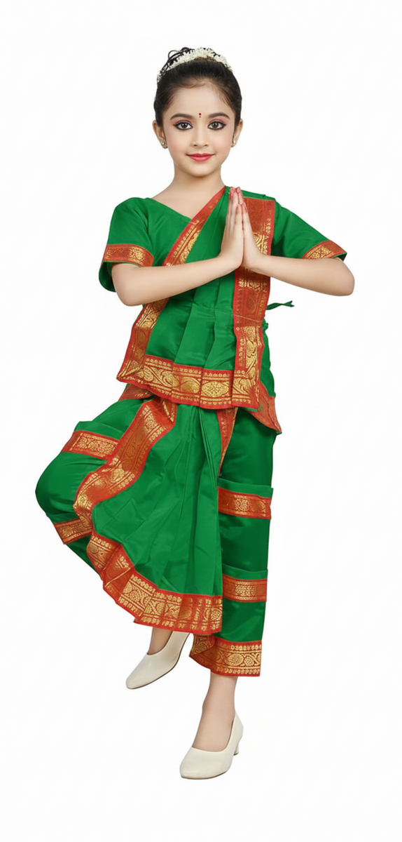 Bharatanatyam Costume for Girls and Women – Green with Red Border | Classical Dance Dress | Indian Dance Dress for Girls