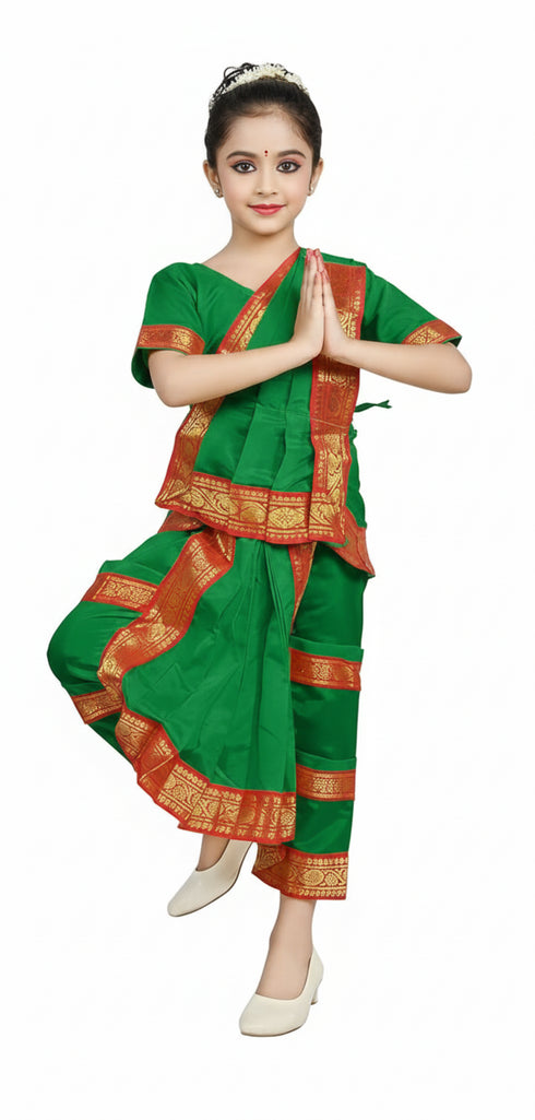 BookMyCostume Bharatanatyam Costume for Girls and Women – Green with Red Border | Classical Dance Dress | Indian Dance Dress for Girls | Traditional Dance Outfit