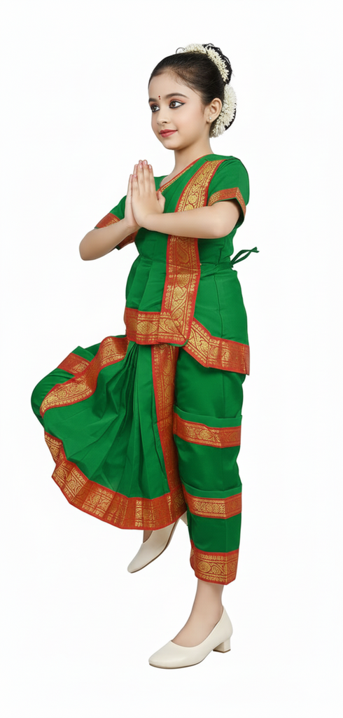 Bharatanatyam Costume for Girls and Women – Green with Red Border | Classical Dance Dress | Indian Dance Dress for Girls | Traditional Dance Outfit