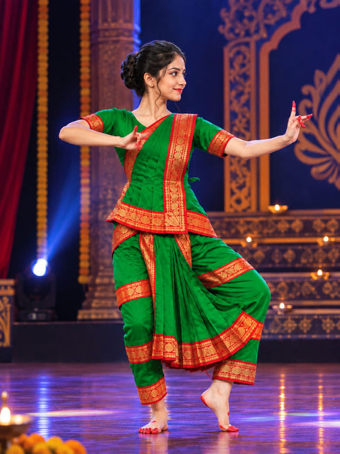 Bharatanatyam Costume for Girls and Women – Green with Red Border | Classical Dance Dress | Indian Dance Dress for Girls | Traditional Dance Outfit