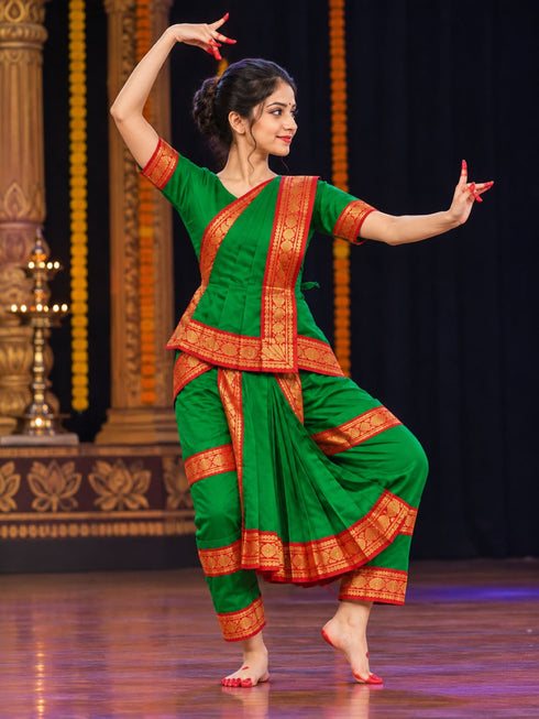 Bharatanatyam Costume for Girls and Women – Green with Red Border | Classical Dance Dress | Indian Dance Dress for Girls | Traditional Dance Outfit