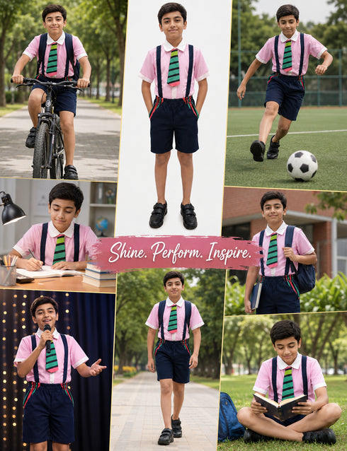 Boy Dangri Style Costume Set | Pink Shirt with Denim Dangri Style Shorts & Colorful Tie | Fancy Dress Costume for Role Play | Boys