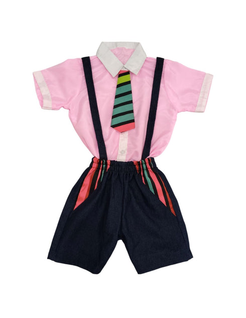 BookMyCostume Boy Dangri Style Costume Set | Pink Shirt with Denim Dangri Style Shorts & Colorful Tie | Fancy Dress Costume for Role Play | Boys