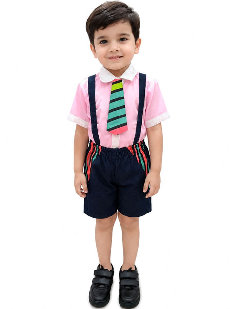 Boy Dangri Style Costume Set | Pink Shirt with Denim Dangri Style Shorts & Colorful Tie | Fancy Dress Costume for Role Play | Boys