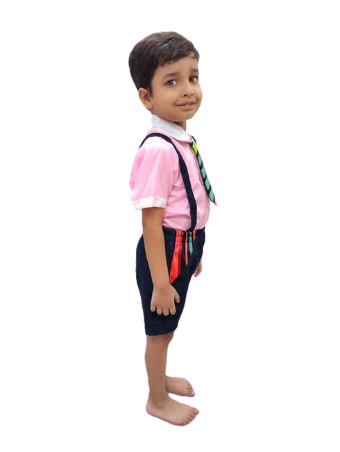 BookMyCostume Boy Dangri Style Costume Set | Pink Shirt with Denim Dangri Style Shorts & Colorful Tie | Fancy Dress Costume for Role Play | Boys
