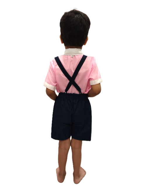 BookMyCostume Boy Dangri Style Costume Set | Pink Shirt with Denim Dangri Style Shorts & Colorful Tie | Fancy Dress Costume for Role Play | Boys