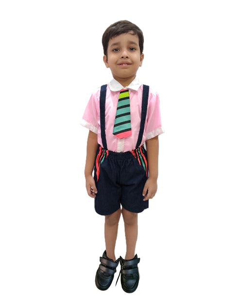 BookMyCostume Boy Dangri Style Costume Set | Pink Shirt with Denim Dangri Style Shorts & Colorful Tie | Fancy Dress Costume for Role Play | Boys