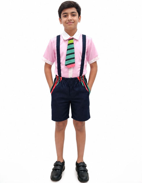 Boy Dangri Style Costume Set | Pink Shirt with Denim Dangri Style Shorts & Colorful Tie | Fancy Dress Costume for Role Play | Boys