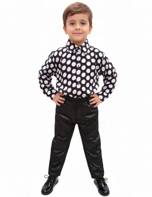 Black Polka Dots Shirt with Black Shining Pant | Retro Theme Kids Fancy Dress Costume | Stylish Dress for Dance, Fancy Dress