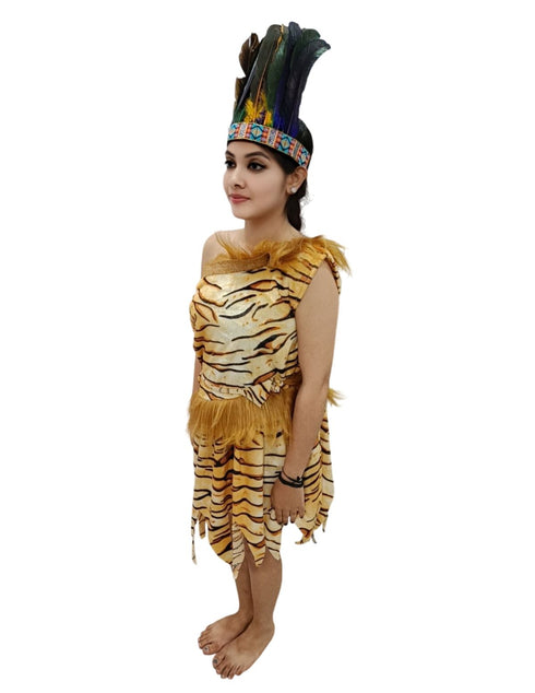 BookMyCostume Unisex Adivasi Tribal Dance Costume – Tiger Print Fur Material | One-Shoulder Outfit with Armlets & Multicolor Feather Headdress