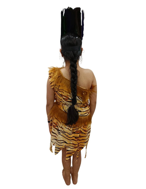 BookMyCostume Unisex Adivasi Tribal Dance Costume – Tiger Print Fur Material | One-Shoulder Outfit with Armlets & Multicolor Feather Headdress