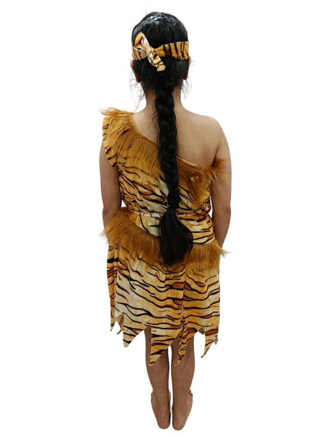 BookMyCostume Unisex Adivasi Tribal Dance Costume – Tiger Print Fur Material | One-Shoulder Outfit with Armlets & Multicolor Feather Headdress