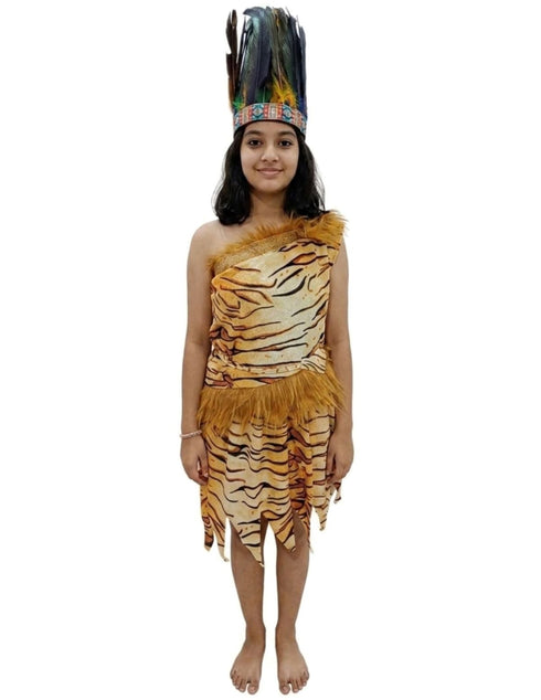 Unisex Adivasi Tribal Dance Costume – Tiger Print Fur Material | One-Shoulder Outfit with Armlets & Multicolor Feather Headdress