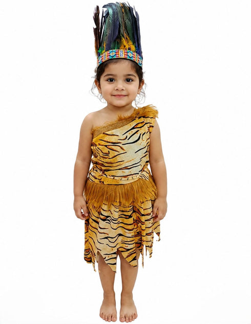 Unisex Adivasi Tribal Dance Costume – Tiger Print Fur Material | One-Shoulder Outfit with Armlets & Multicolor Feather Headdress