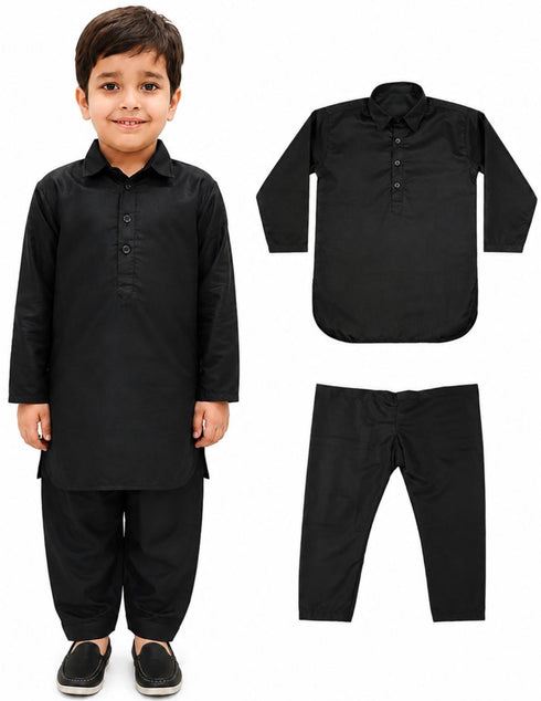 Kashmiri Dress for Boys – Traditional Black Pathani Suit Set | Kashmiri Suit for Kids with Collared Kurta & Pajama | Ethnic Kashmiri Dress for Cultural Events & Fancy Dress
