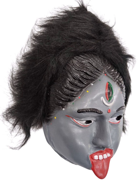 BookMyCostume Kali Mata Rubber Mask for Fancy Dress – Grey Color Goddess Face Mask with Attached Hair | Religious Role Play Mask for Kids & Adults | Kali Devi Costume Accessory