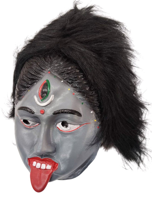 BookMyCostume Kali Mata Rubber Mask for Fancy Dress – Grey Color Goddess Face Mask with Attached Hair | Religious Role Play Mask for Kids & Adults | Kali Devi Costume Accessory