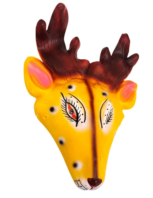 BookMyCostume Mrig (Deer) Rubber Mask – Yellow & Brown Hand-Painted Folk Mask with Antlers | Ramayana Character for Festivals, Plays & Decor