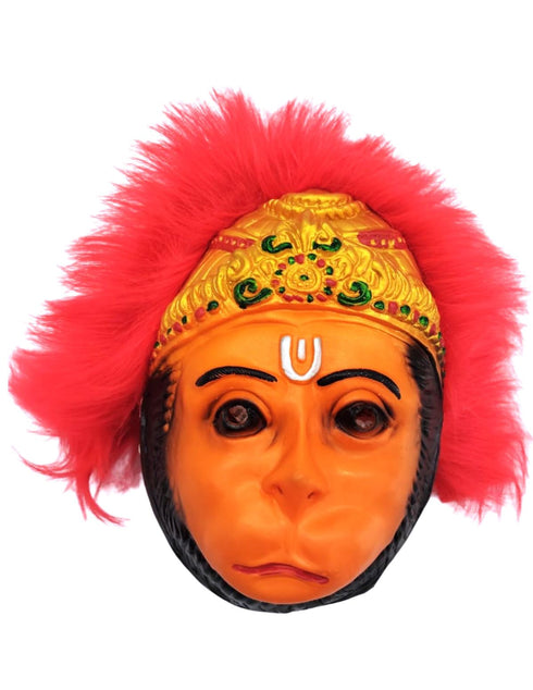 BookMyCostume Hanuman Ji Face Mask with Crown Design & Red Faux Hair – Rubber Devotional Mask for Ramayana Plays, Festivals & Fancy Dress | Fancy Dress Accessory For Role Plays | Adult