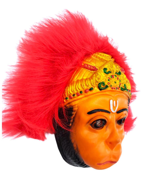 BookMyCostume Hanuman Ji Face Mask with Crown Design & Red Faux Hair – Rubber Devotional Mask for Ramayana Plays, Festivals & Fancy Dress | Fancy Dress Accessory For Role Plays | Adult