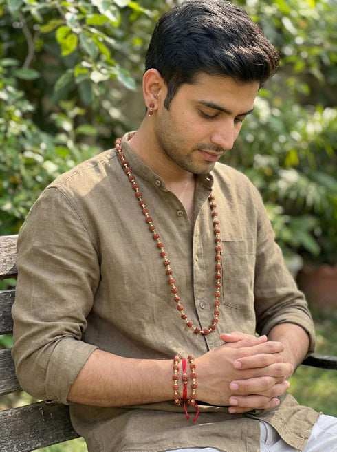 Natural Brown Rudraksh Golden Plated Rudraksha Jewellery Set with Golden Beads – Rudraksha Mala for Ramleela, Festivals & Spiritual Events | Ideal for Kids & Adults