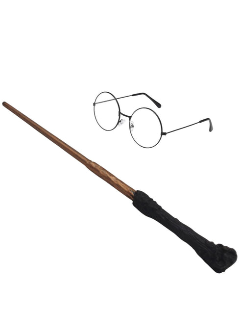 BookMyCostume Hary Film Wizard Wand and Round Black Glasses Combo for Kids – Magical Stick with Classic Costume Glasses for Fancy Dress, Cosplay & Wizard-Themed Events