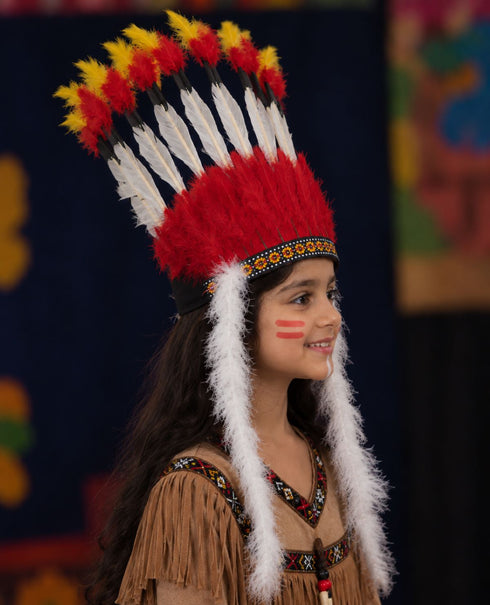 Kids Tribal Fiery Feather Headdress – Red & White Crown with Adjustable Elastic | Fancy Dress Costume Headgear for Tribal Theme & Cultural Events