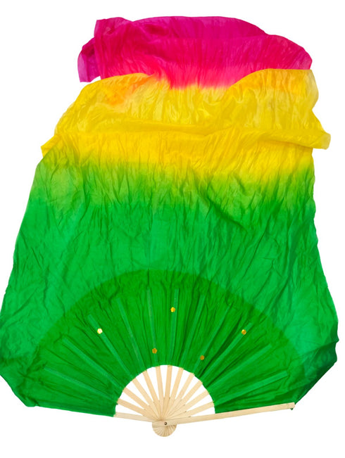 BookMyCostume Japanese Silk Belly Dance Fan Veil | Single Bamboo Viel in Multi Shades with 2 Meter Flowing Cloth Attached to Fan for Great Dance Effect – Rainbow-Themed Group Performances, Annual Day