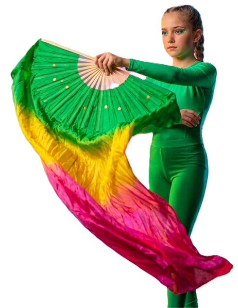 Japanese Silk Belly Dance Fan Veil | Single Bamboo Viel in Multi Shades with 2 Meter Flowing Cloth Attached to Fan for Great Dance Effect – Rainbow-Themed Group Performances, Annual Day